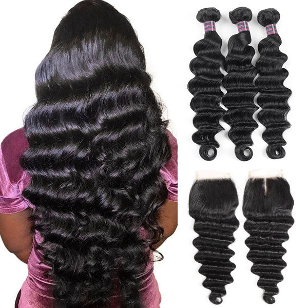 Ishow Virgin Brazilian Hair Loose Deep Wave Hair 3 Bundles With 4*4 Lace Closure - IshowHair