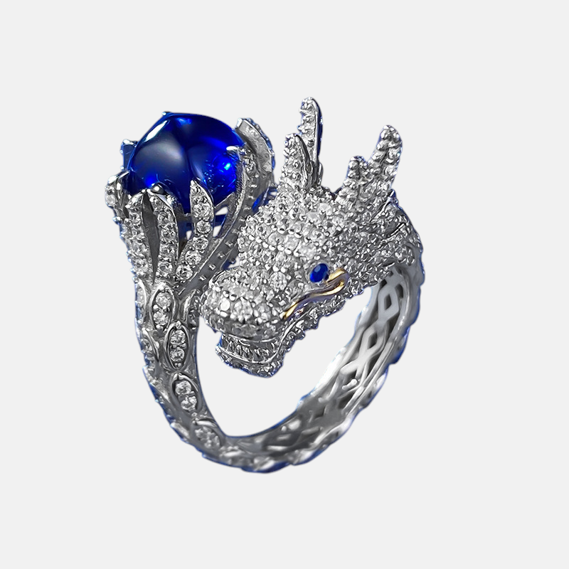 Sapphire Ring - Dragon Design Sugarloaf in S925 Sterling Silver