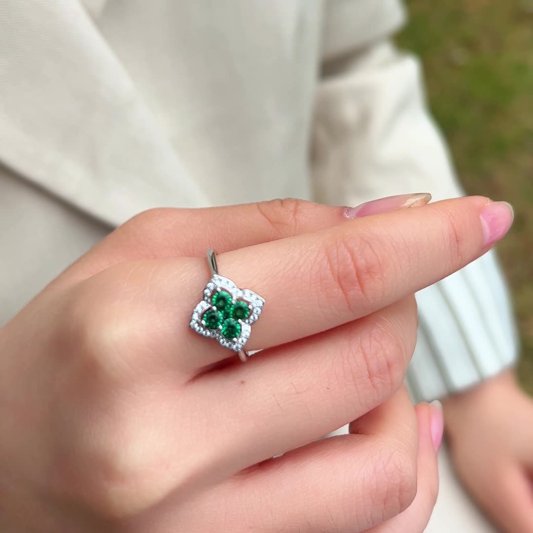 Sterling Silver Engagement Ring – Clover Leaf Lab Created Emerald