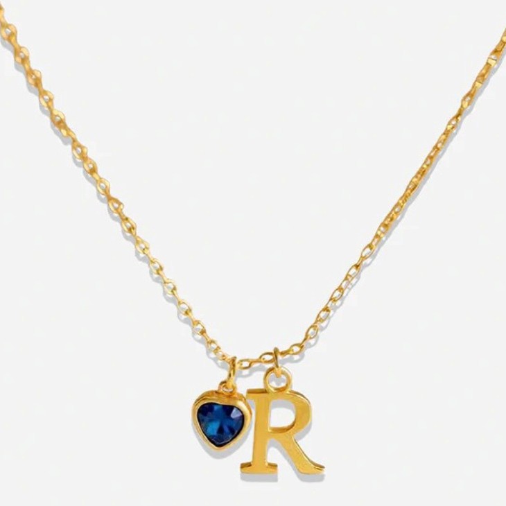 Initial Necklace – Gold Heart Birthstone Alphabet Pendant for Women