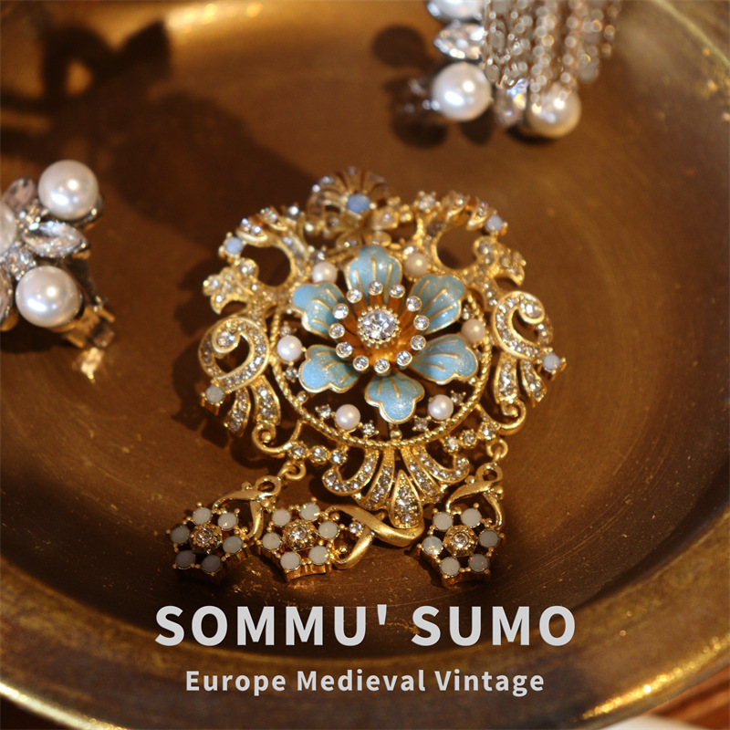 Vintage Brooch – Byzantine Blue Crystal Turquoise Enamel Pearl Pendant Pin