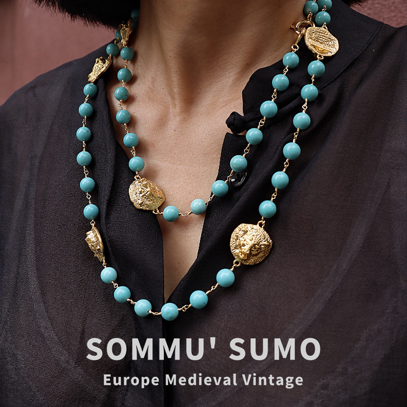 Pendant Necklace – Vintage Double-Sided Lion & Turquoise Long Statement Jewelry