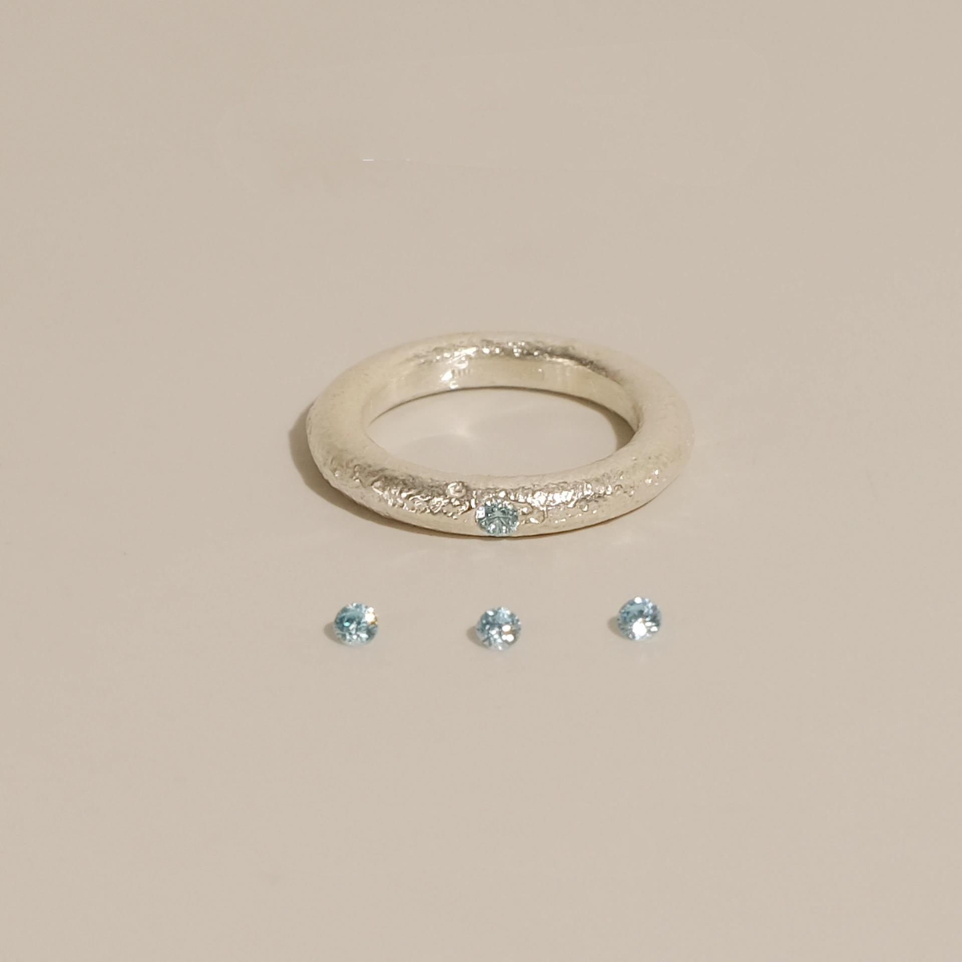 Ring – Sterling Silver Brushed Aquamarine Minimalist Textured Design