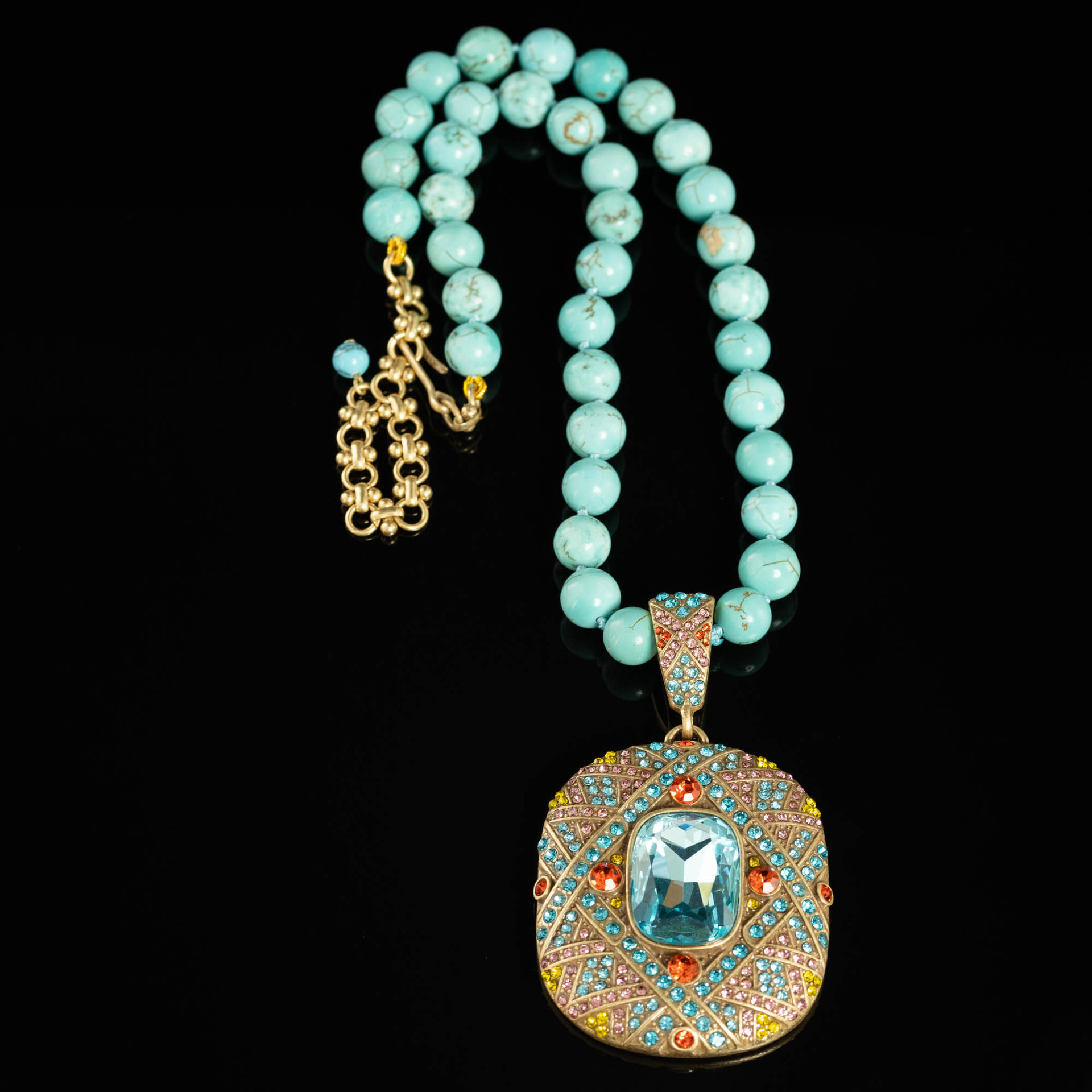 Pendant Necklace – Vintage Turquoise & Zircon Antique Gold Statement Jewelry