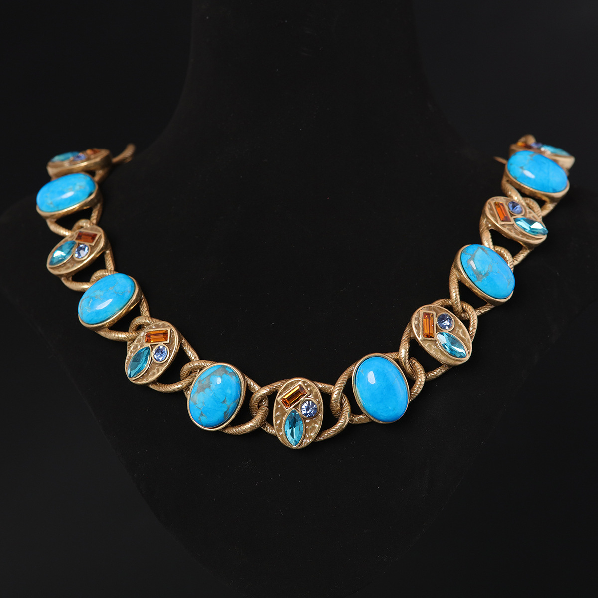 Pendant Necklace – Vintage Gold-Tone Turquoise & Crystal Inlaid Statement Jewelry
