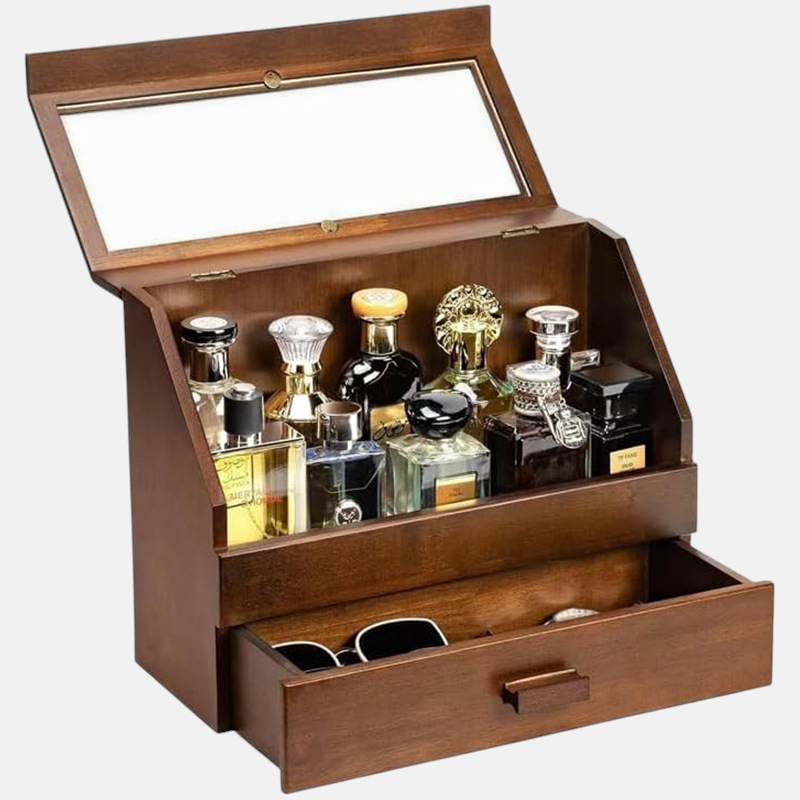 Mens Jewelry Box – Wooden Double-Layer Storage Box for Jewelry & Perfume