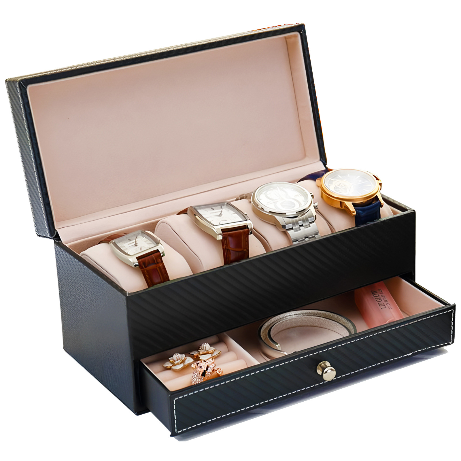 Mens Jewelry Box – Leather 4-Slot Watch Display Storage Case