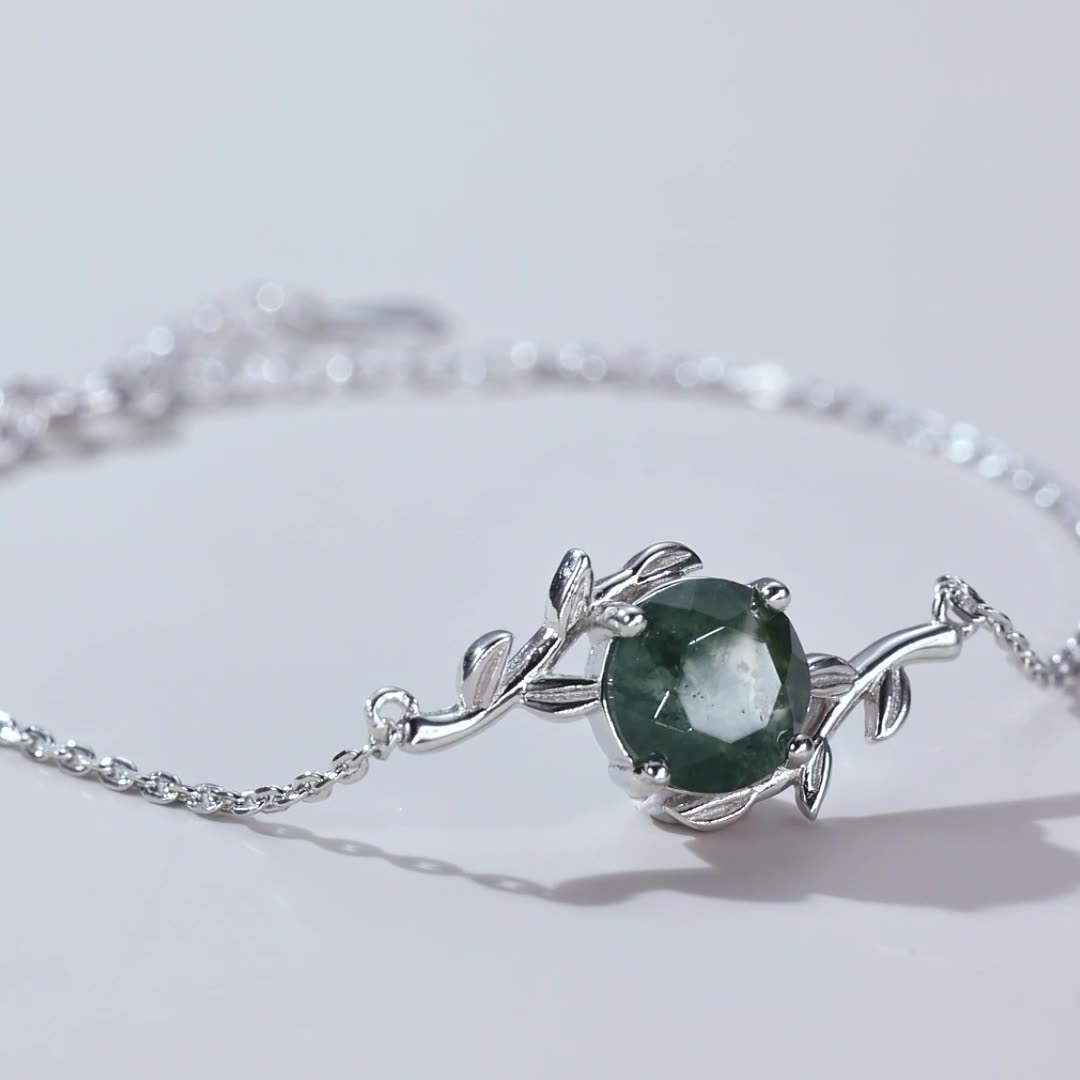 Moss Agate Silver Bracelet for Women | S925 Vintage Natural Stone