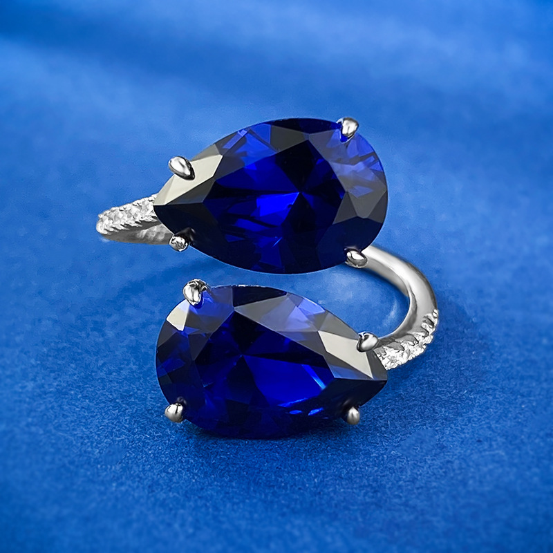 Sapphire Ring-S925 Silver Double Pear Blue Sapphire Open Ring