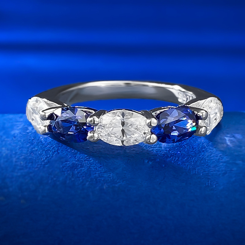 Sapphire Ring-S925 Silver Oval White Diamond & Tanzanite Blue