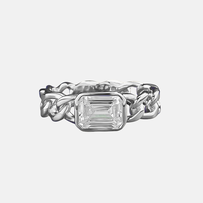 Moissanite Ring - Cuban Chain Rectangle Cut in S925 Silver