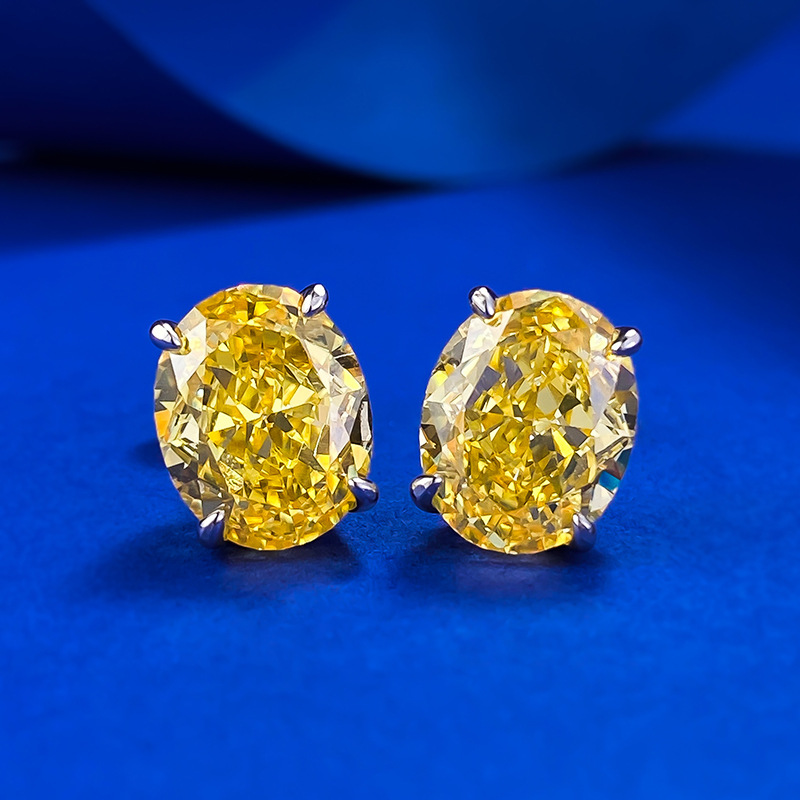 Yellow Sapphire Earrings - Ice-Cut Oval Prong Studs in S925 Sterling Silver