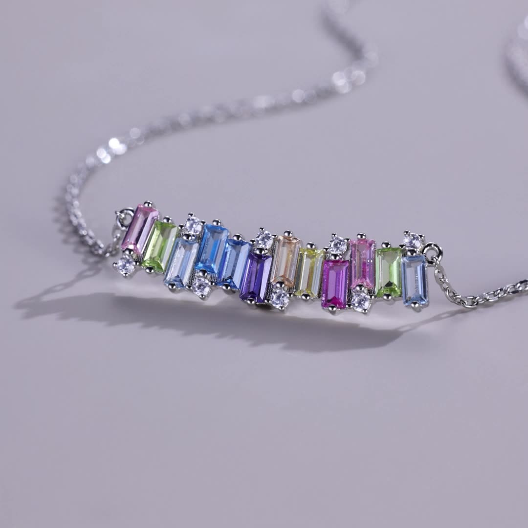 S925 Sterling Silver Geometric Rainbow CZ Pendant | Personalized Necklace for Women