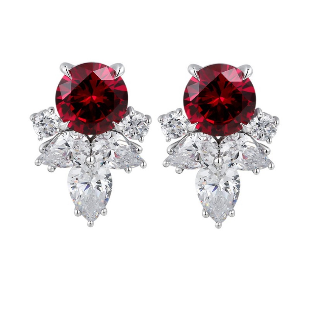 Ruby Earrings – Round Red Corundum Studs in 925 Sterling Silver