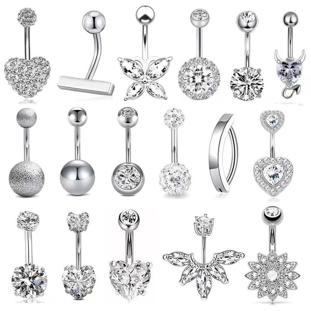 Heart CZ Belly Piercing Ring – Double Gem Curved Barbell 14G