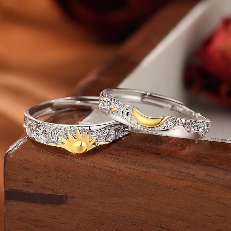 Sun and Moon Matching Rings – 14K Gold Plated Sterling Silver Couple Rings