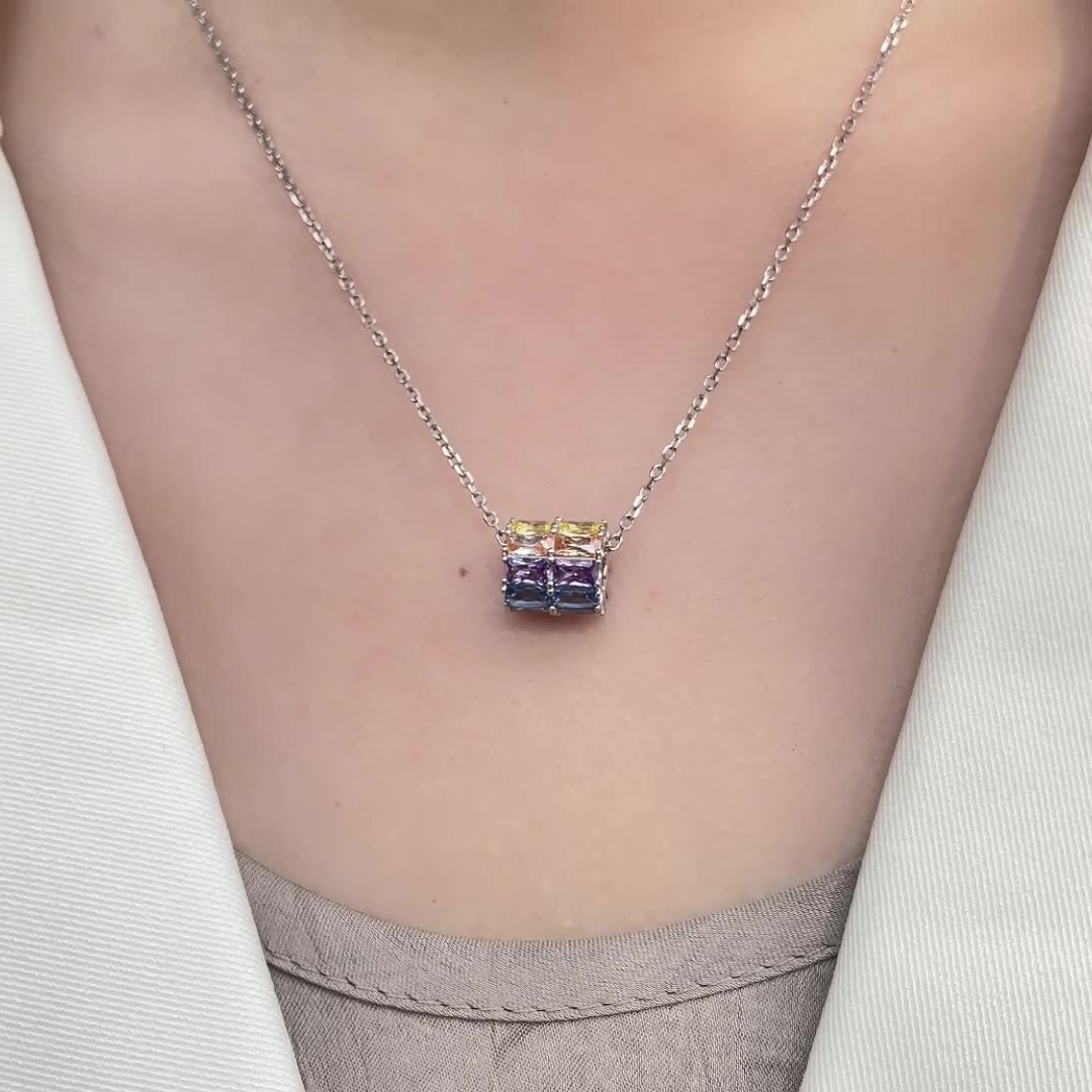 Personalized Jewelry – S925 Sterling Silver Geometric Rainbow CZ Pendant Necklace for Women