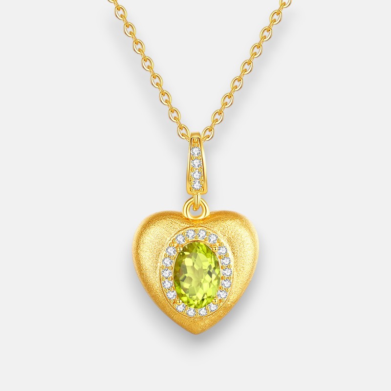 Peridot Heart Necklace – Brushed S925 Silver Birthstone Jewelry | Blingku