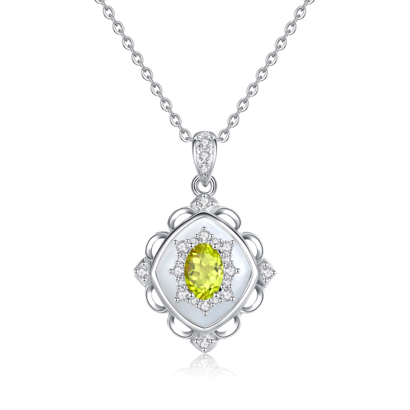 Peridot Geometric Pendant Necklace – green August Birthstone Necklace in open silver frame