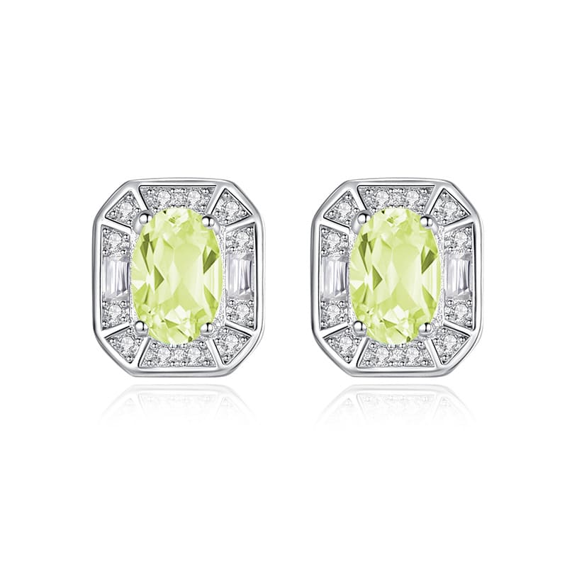 Oval peridot birthstone earrings in geometric silver design – August