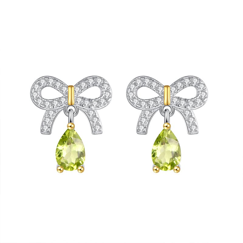 Green gemstone bow earrings with peridot drop – August birthstone design