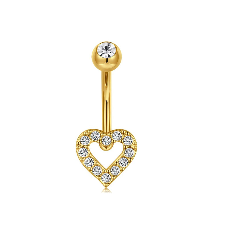 Heart CZ Belly Piercing Ring – Double Gem Curved Barbell 14G