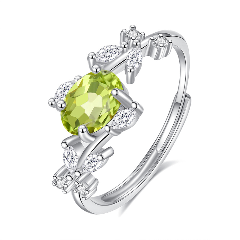 Green Gemstone Ring with Round Peridot in S925 Silver