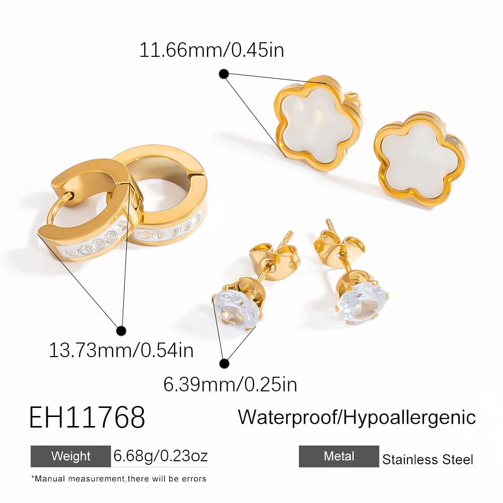 Gold Plated Earring Set – Butterfly, Cross & Pearl Studs with Round Bead & Heart Dangles (3-Piece)