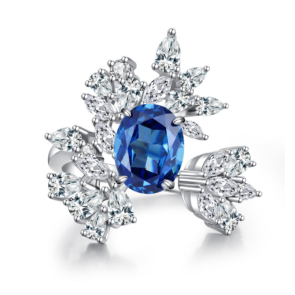 Adjustable Floral Aquamarine & Sapphire Open Ring in S925 Sterling Silver – March Birthstone Jewelry