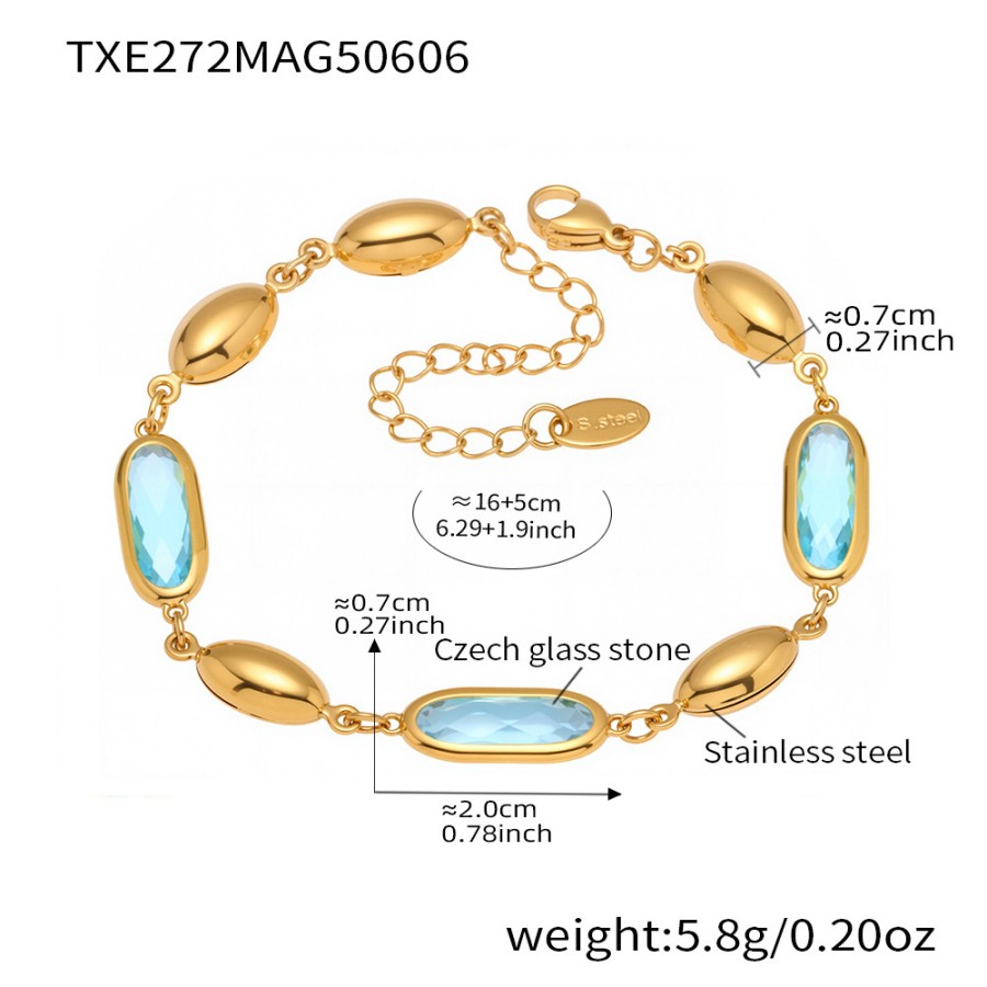 Gold Minimalist Bracelet – Oval Glass Stone Chain with Elegant Shine
