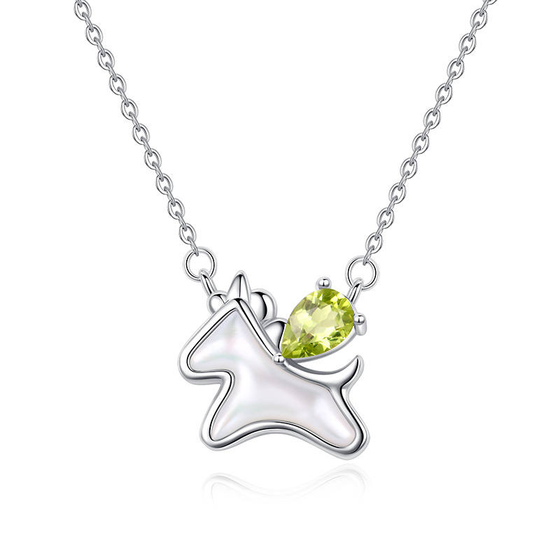 Unicorn silver necklace with peridot – green August gemstone fantasy pendant