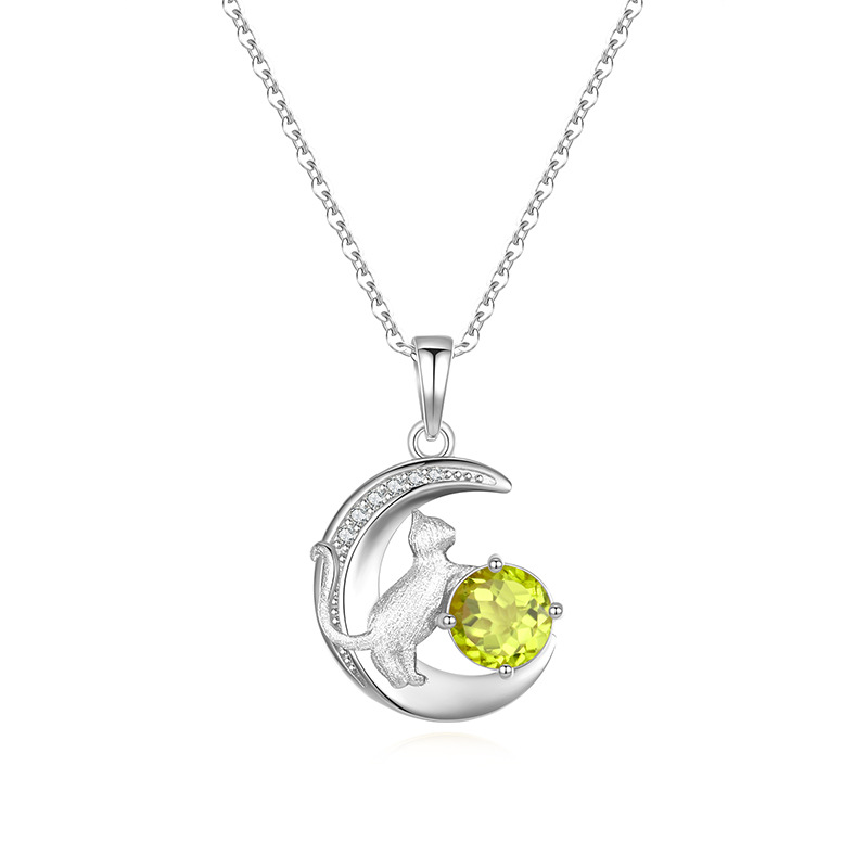 Moon Cat Necklace – S925 Silver Natural Gemstone Pendant | Blingku