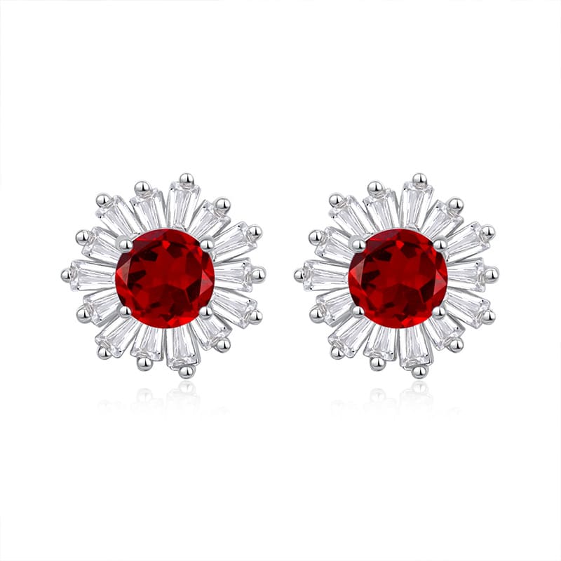 Red garnet sunflower stud earrings in S925 silver – January birthstone