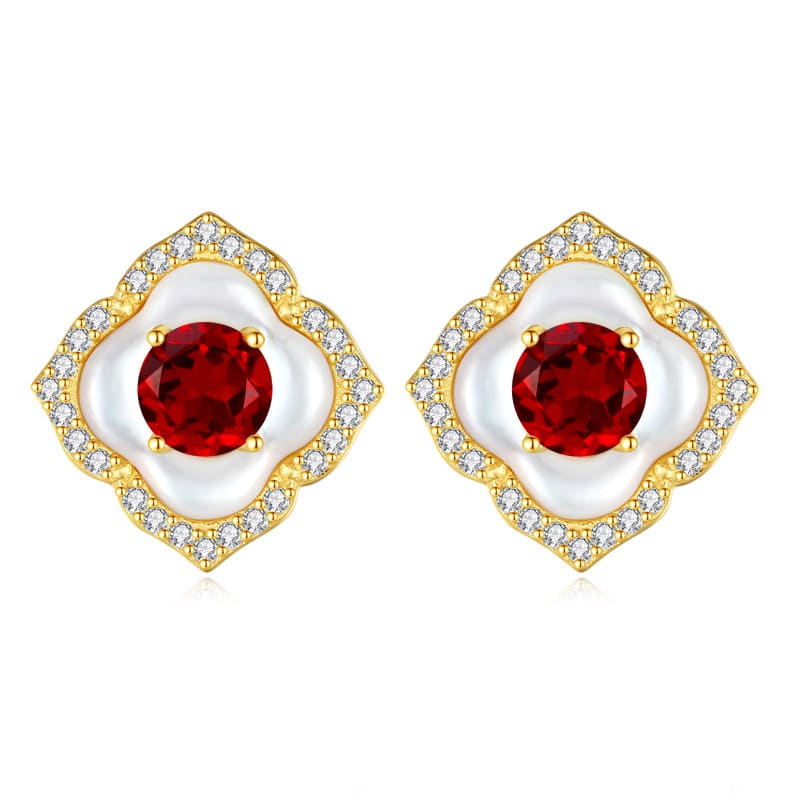 Garnet silver studs with diamond frame and pearly center – January birthstone