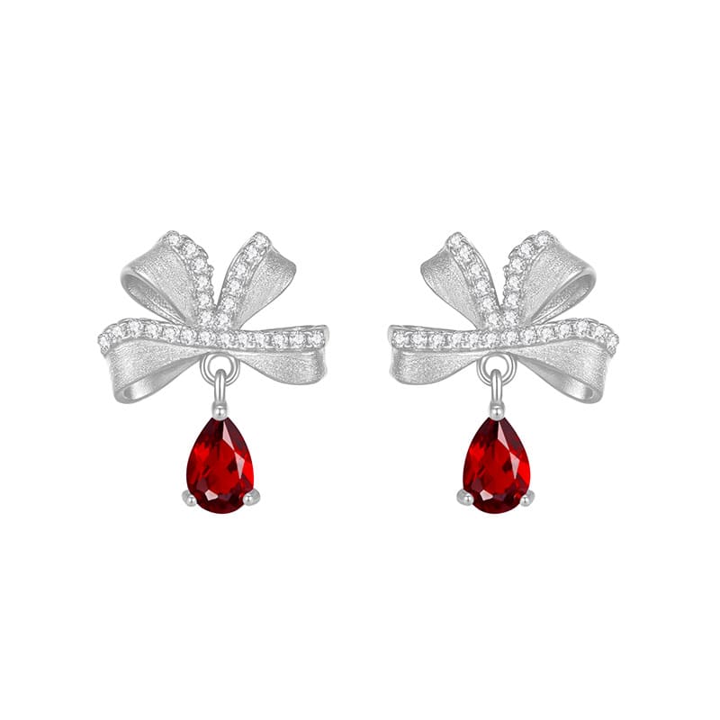 Red garnet bow earrings with silver setting – January gemstone