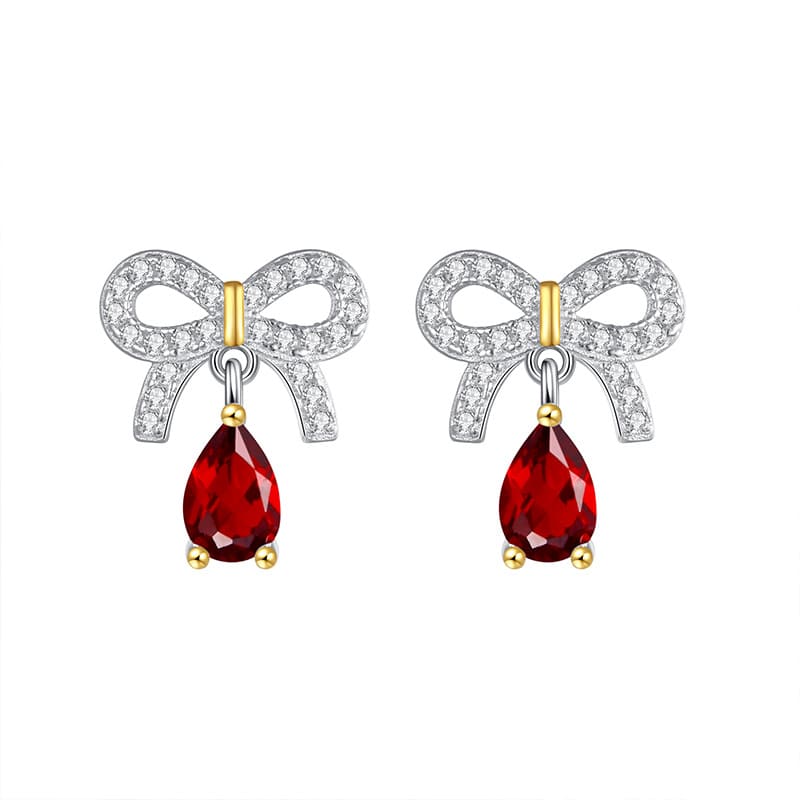 Garnet red bow earrings with silver chain drop – January birthstone