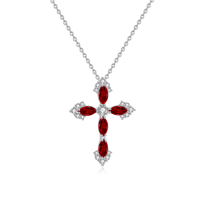 Silver cross pendant with garnet stones – Red January birthstone hip-hop pendant
