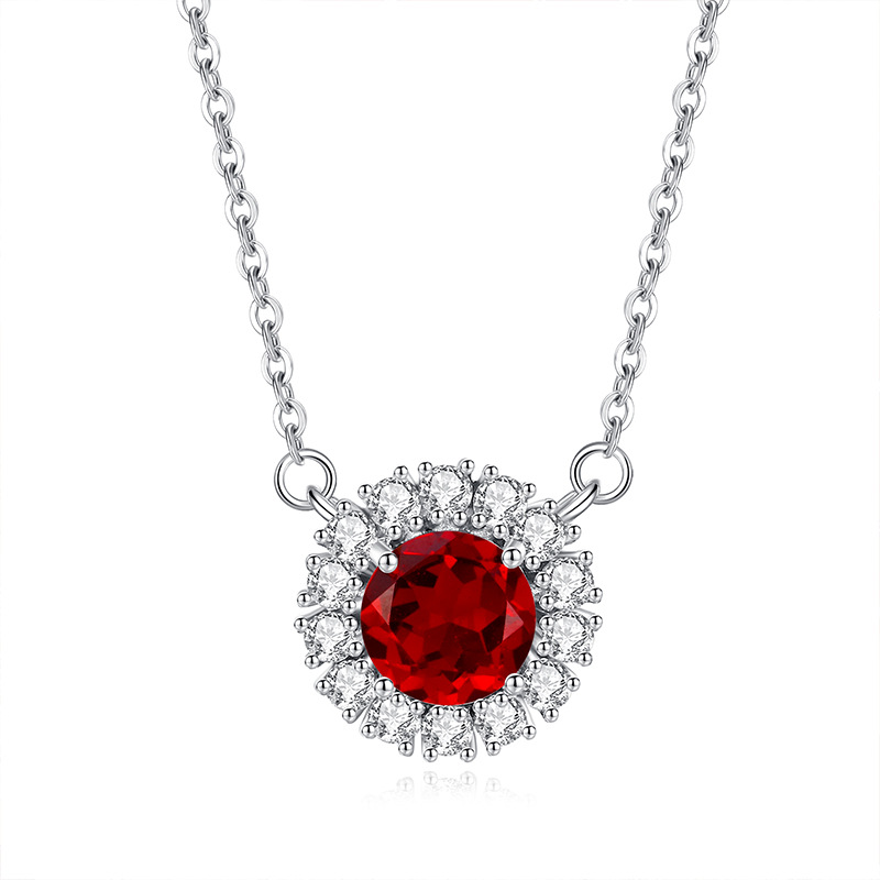 S925 sunflower pendant necklace with garnet – January red gemstone necklace

