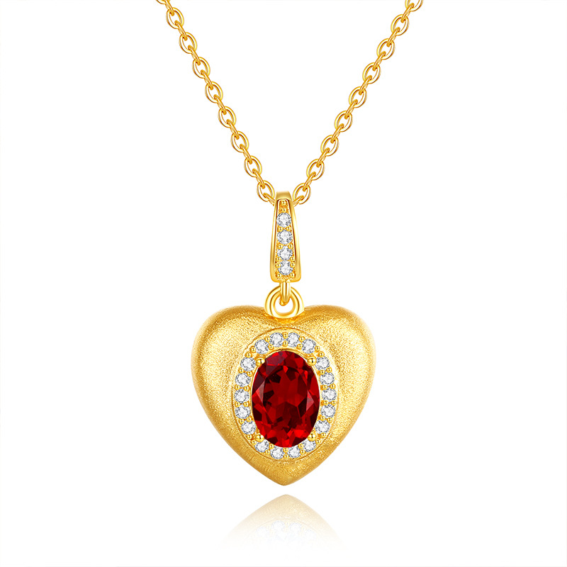 Garnet heart necklace – deep red gemstone in silver brushed heart frame