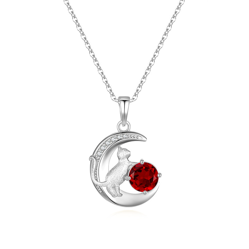 Moon Cat Necklace – S925 Silver Natural Gemstone Pendant | Blingku