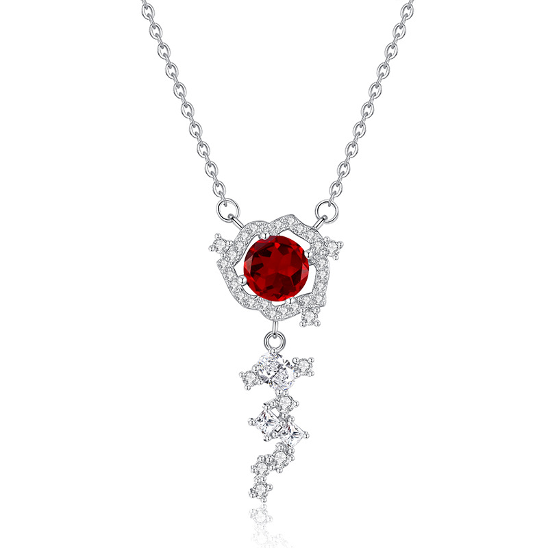 Garnet rose pendant – deep red crystal in polished sterling silver rose