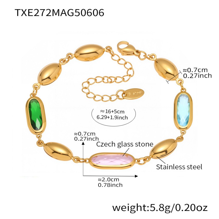 Gold Minimalist Bracelet – Oval Glass Stone Chain with Elegant Shine