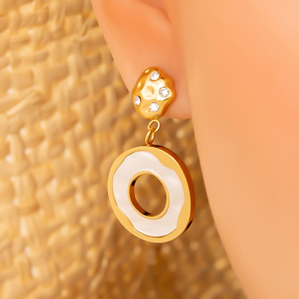 18K Gold Plated Earrings – Minimalist Stainless Steel Drop Hoops with Stone & Acrylic Pendant