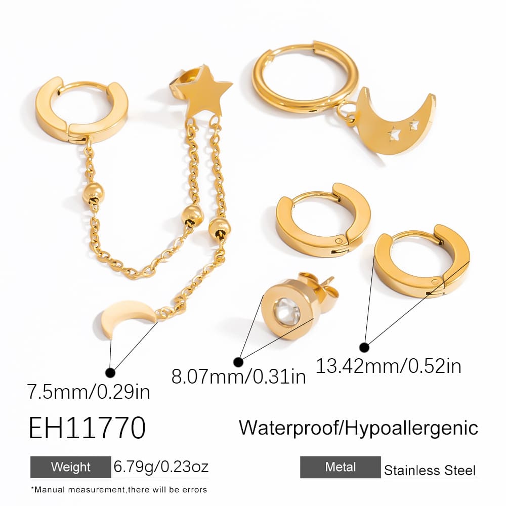 Gold Plated Earring Set – Butterfly, Cross & Pearl Studs with Round Bead & Heart Dangles (3-Piece)