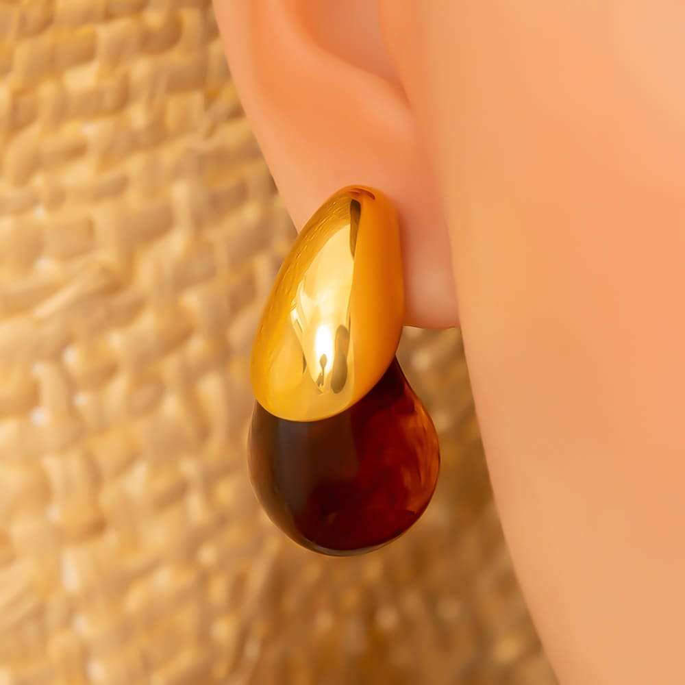 18K Gold Plated Earrings – Minimalist Stainless Steel Drop Hoops with Stone & Acrylic Pendant