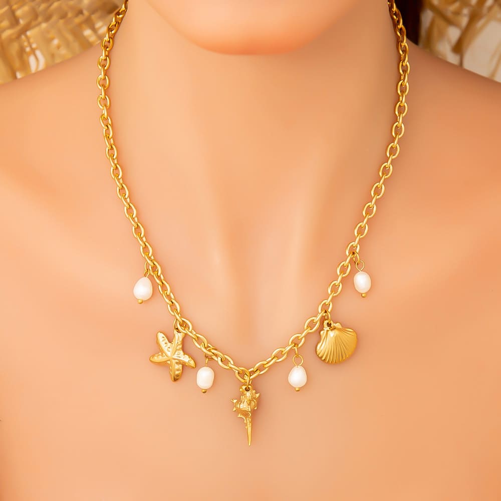 Ocean-Inspired Necklace – Pearl, Starfish & Shell Pendant