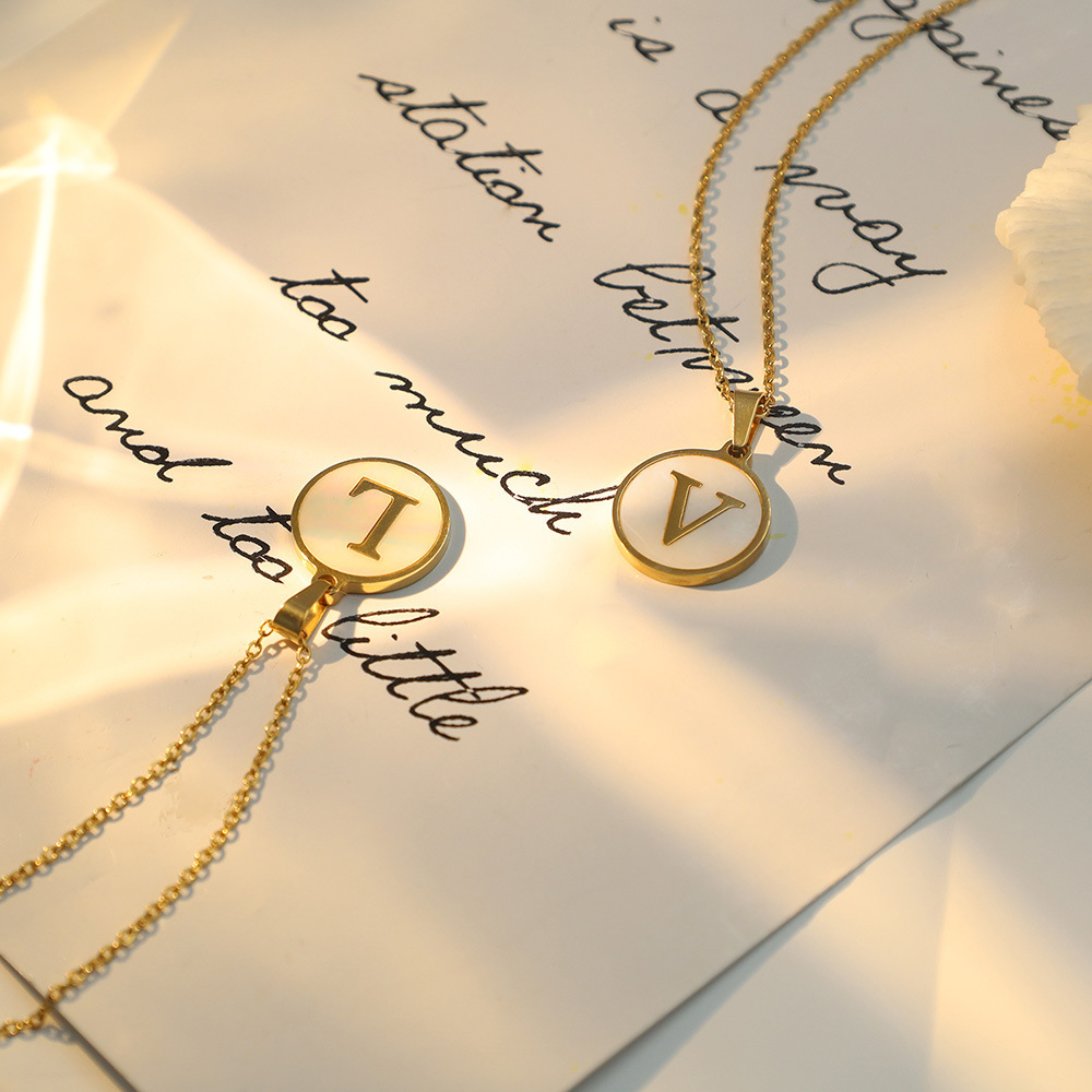 Initial Necklace – Mother of Pearl Round Alphabet Pendant