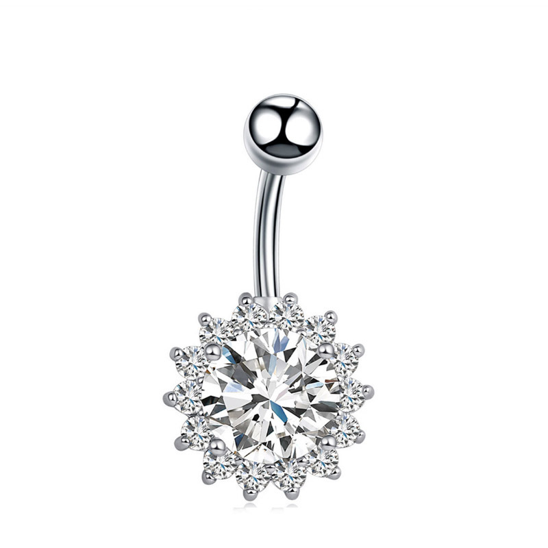 Heart CZ Belly Piercing Ring – Double Gem Curved Barbell 14G