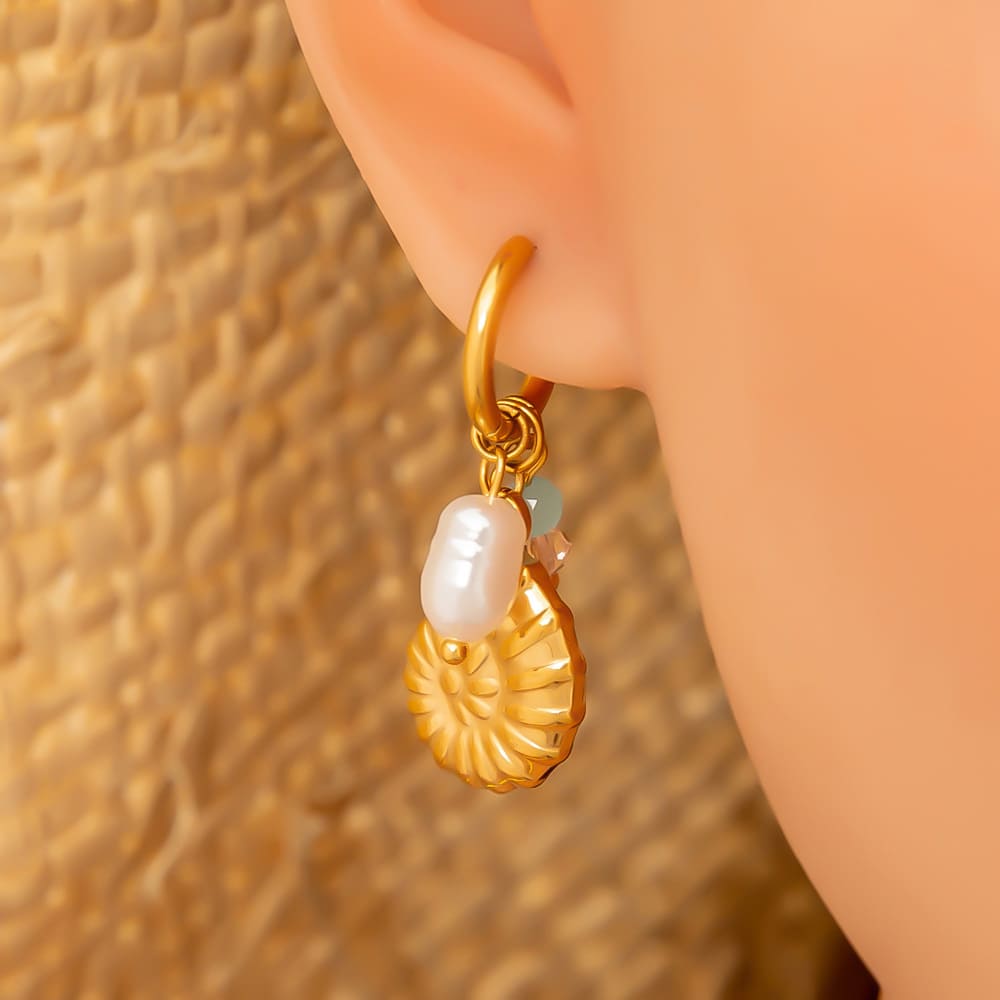 Gold Plated Earring Set – 5-Piece Ocean Style Studs with Pearl & Stone