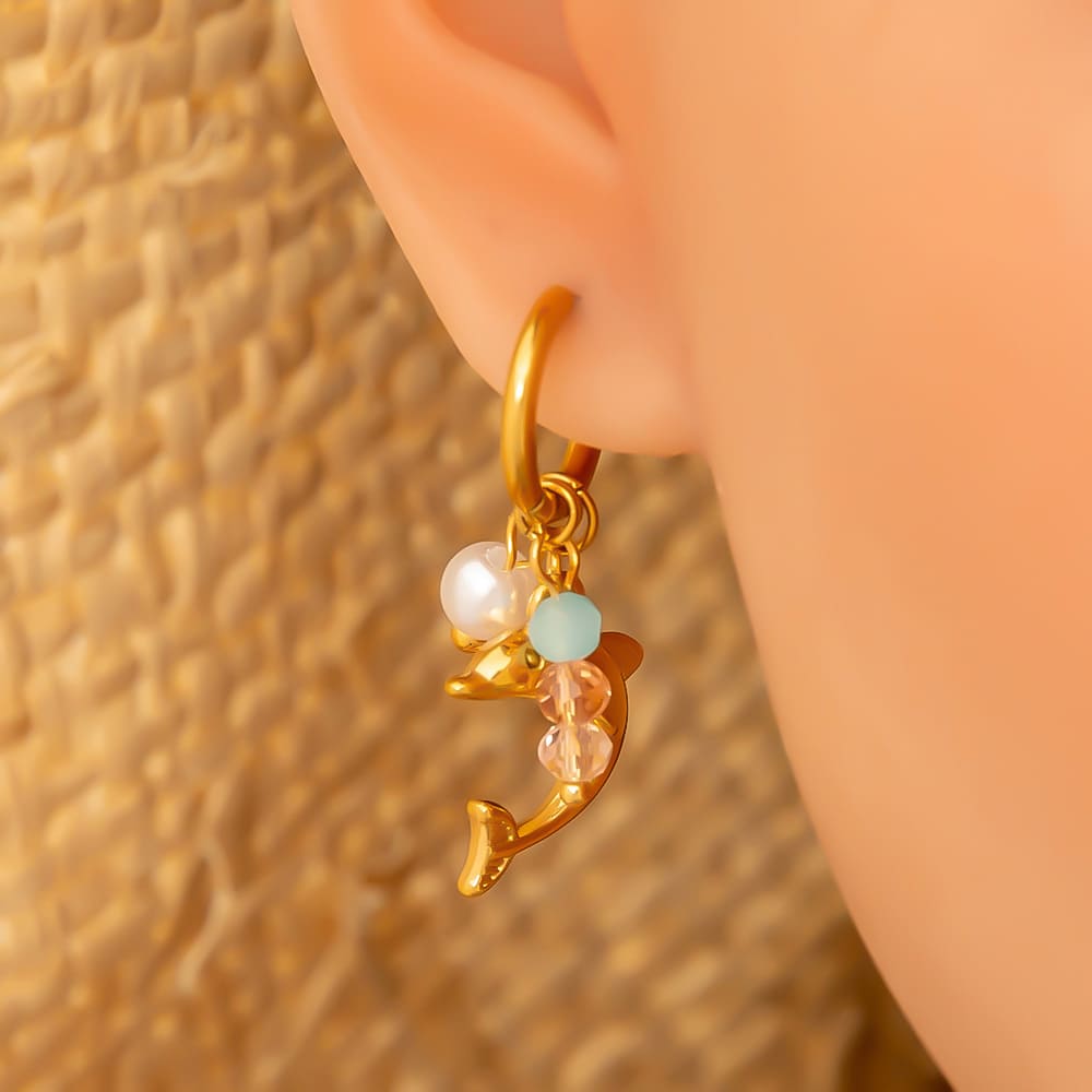 Gold Plated Earring Set – 5-Piece Ocean Style Studs with Pearl & Stone